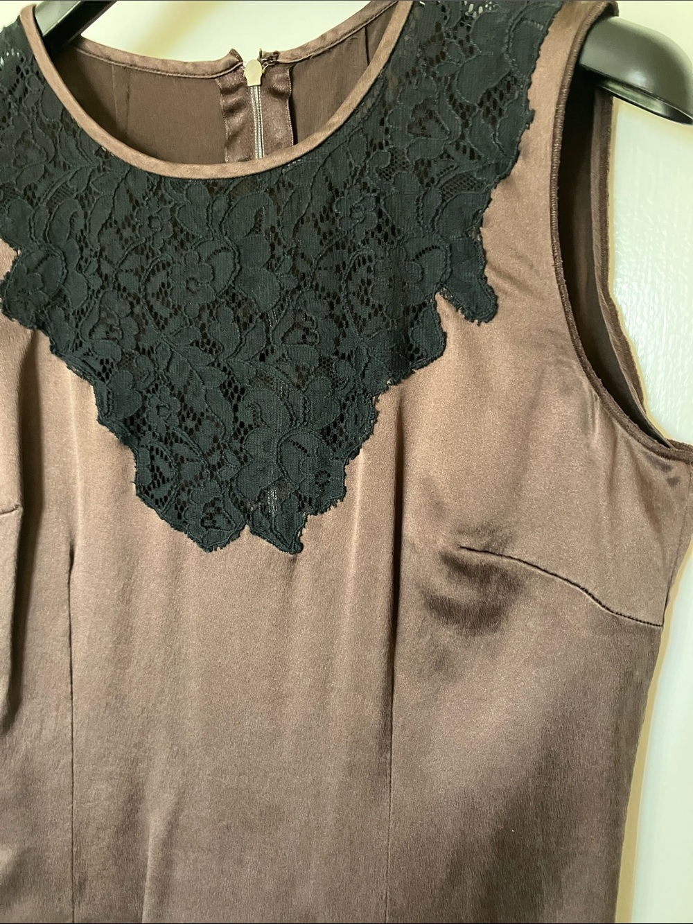 Dolce & Gabbana Brown Satin Sleeveless Blouse with Black Lace Yoke - Picture 2 of 3